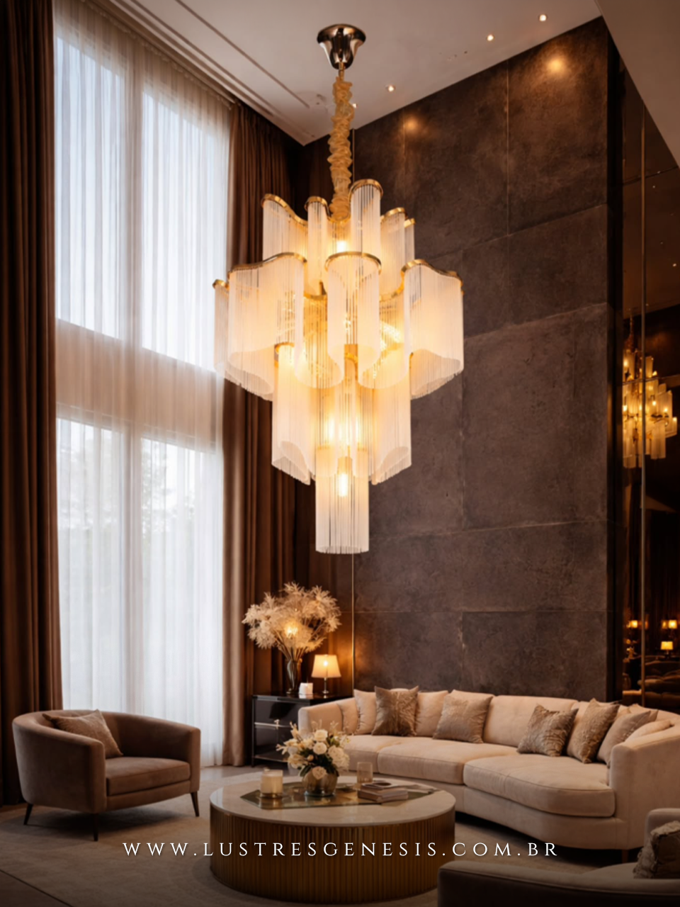Lustre de Vidro Contempor&acirc;neo Dourado 135cm para Sala de estar de P&eacute; direito Alto Hall Escadas